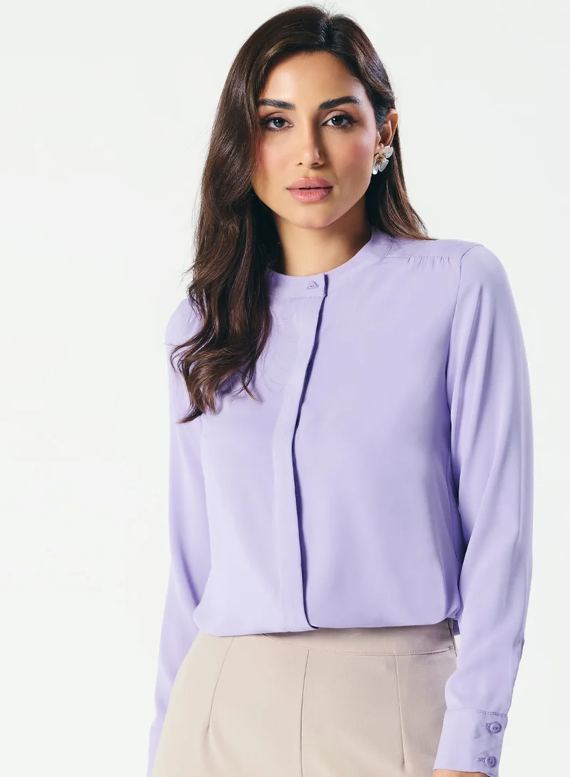 زجزاج بلوزة بأكمام طويلة وياقة ماندرين بقصة مستقيمة